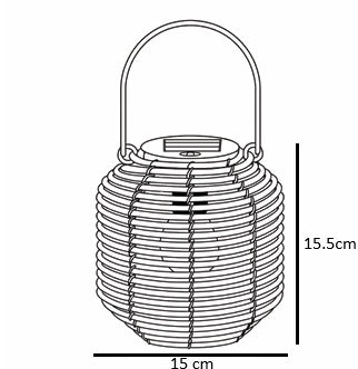Afmetingen van de Crewe rotan lantaarn: 15cm breed en 15.5cm hoog