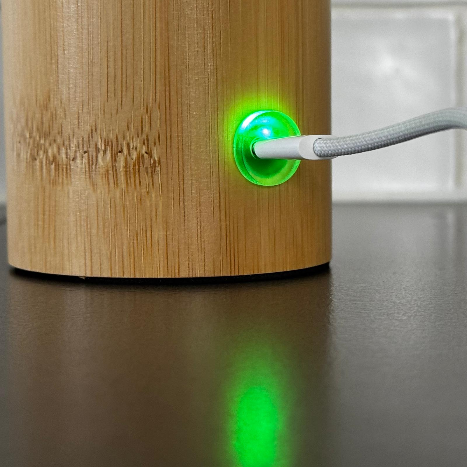 Close-up van de geladen USB-C laadpoort  van de Stafford bamboe sfeerlamp